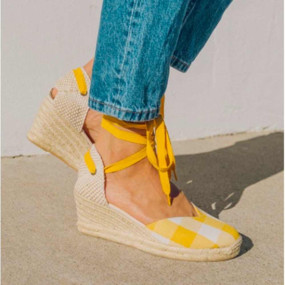 Soludos Lyon Yellow Gingham Espadrille Wedges - Size 8